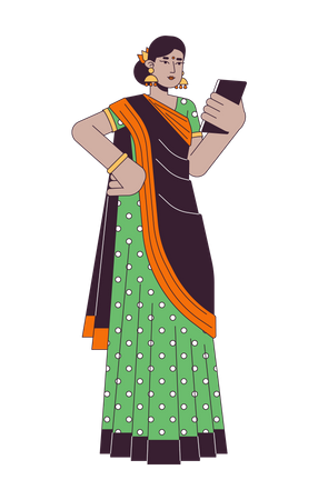 Femme indienne en sari utilisant un gadget  Illustration