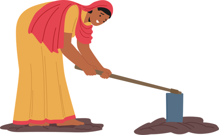 Une femme indienne en tenue traditionnelle se penche pour labourer le sol avec un outil à main  Illustration