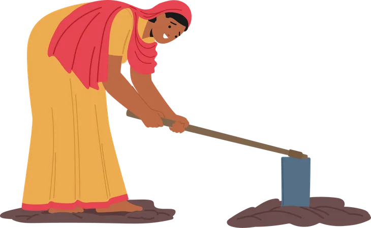 Une femme indienne en tenue traditionnelle se penche pour labourer le sol avec un outil à main  Illustration