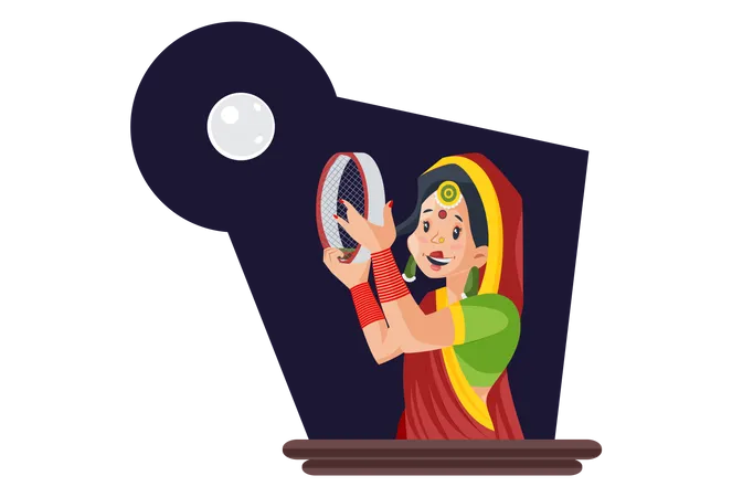 Femme indienne mariée regardant la lune à l'aide d'une passoire  Illustration