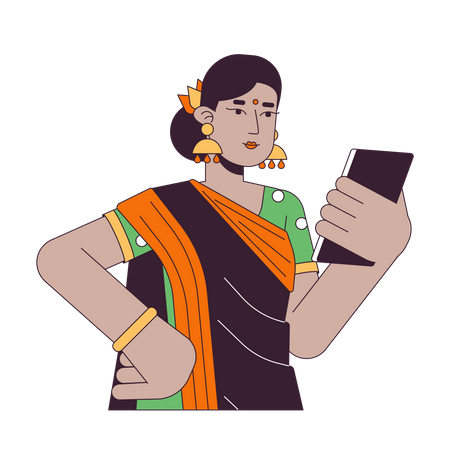 Femme indienne regardant son smartphone  Illustration