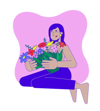 Femme indienne sud-asiatique survivante prospère embrassant un bouquet  Illustration