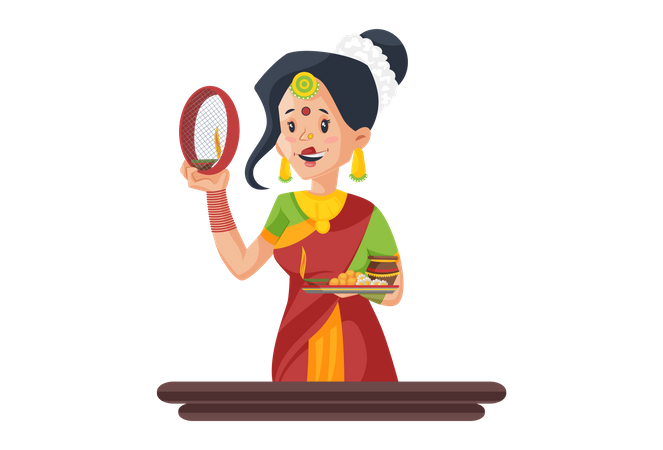 Femme indienne tenant une passoire et une assiette de culte à la main  Illustration