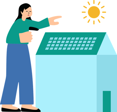 Une femme installe un panneau solaire sur le toit d'une maison  Illustration