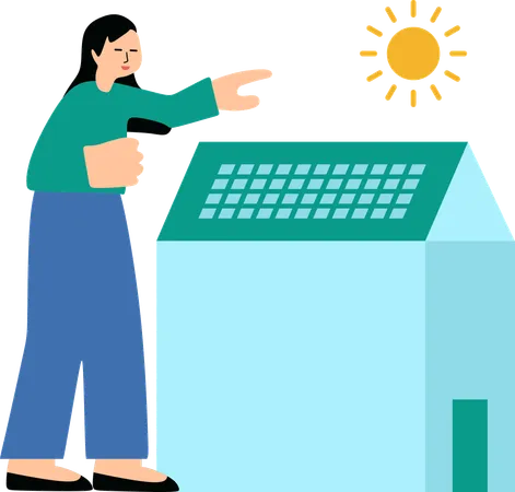 Une femme installe un panneau solaire sur le toit d'une maison  Illustration