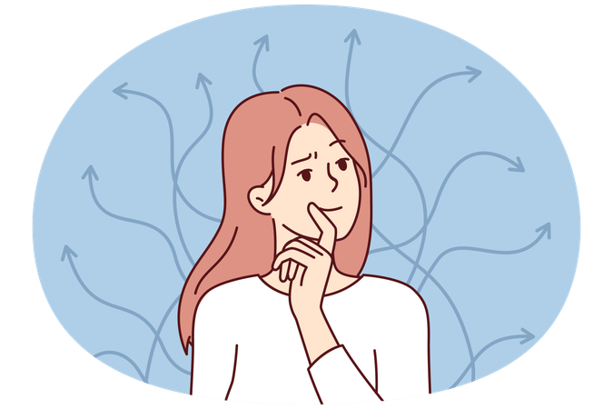 Une femme intelligente touche ses lèvres en se tenant près de flèches pointant dans différentes directions  Illustration