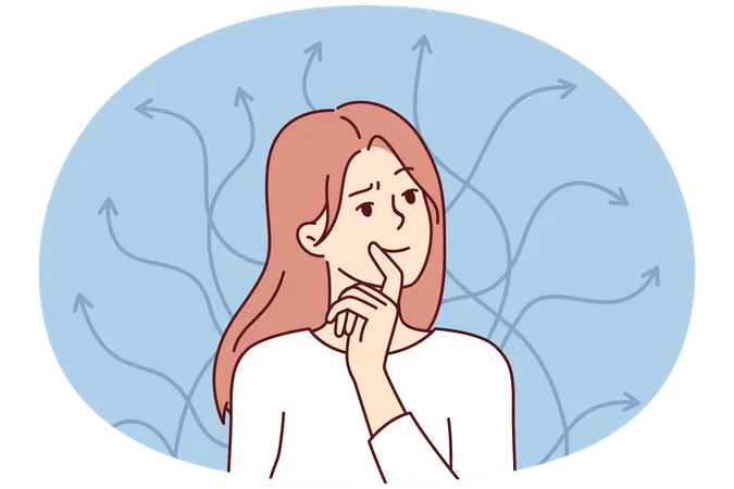 Une femme intelligente touche ses lèvres en se tenant près de flèches pointant dans différentes directions  Illustration