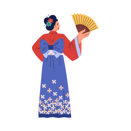 Femme japonaise avec un éventail dans ses mains et un kimono  Illustration