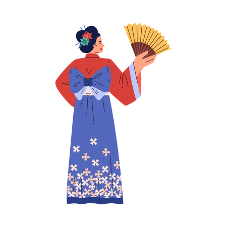 Femme japonaise avec un éventail dans ses mains et un kimono  Illustration