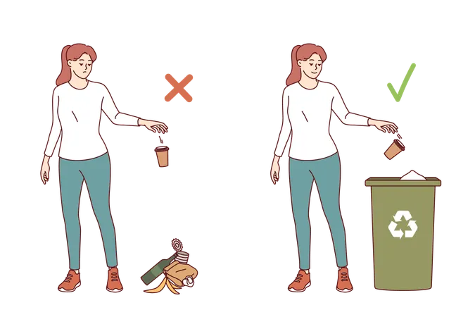 Une femme jette des déchets par terre  Illustration