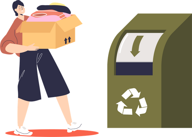 Femme jetant des vêtements dans un conteneur de recyclage  Illustration