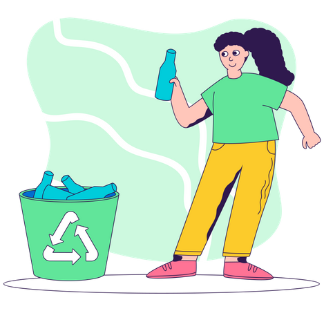 Femme jetant une bouteille en plastique à la poubelle  Illustration