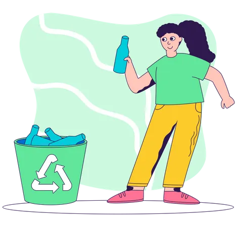 Femme jetant une bouteille en plastique à la poubelle  Illustration