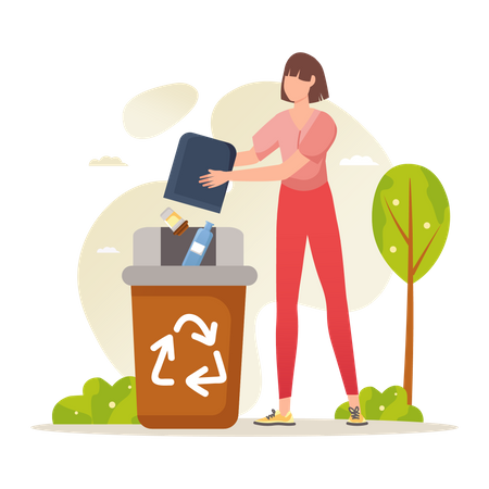 Une femme jette des déchets recyclés dans la corbeille  Illustration