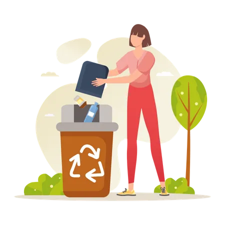 Une femme jette des déchets recyclés dans la corbeille  Illustration