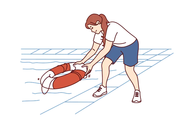 Une femme jette une bouée de sauvetage dans la piscine pour aider une personne qui se noie  Illustration