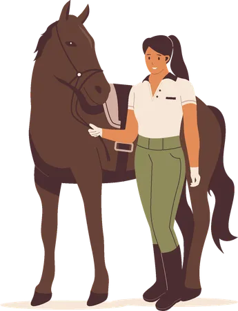 Femme jockey avec cheval de course  Illustration