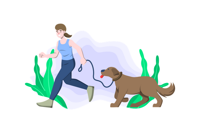 Femme faisant du jogging avec un chien  Illustration