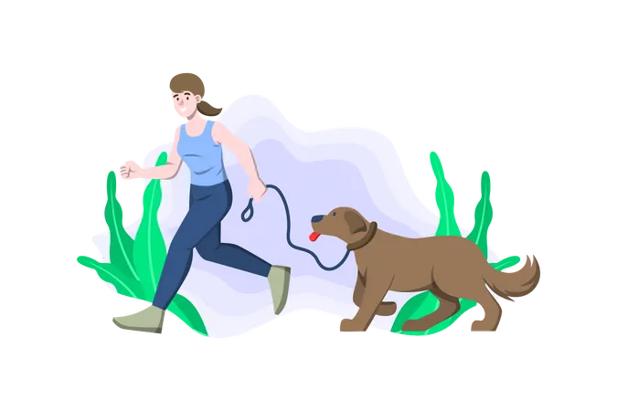 Femme faisant du jogging avec un chien  Illustration