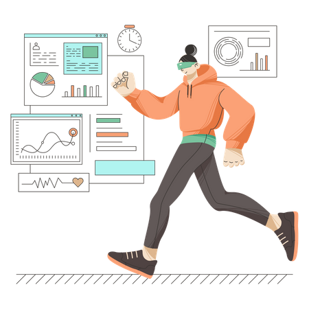 Femme faisant du jogging à l'aide de la technologie VR  Illustration