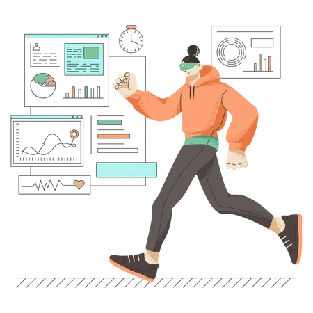 Femme faisant du jogging à l'aide de la technologie VR  Illustration