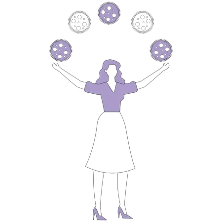 Une femme jongle avec des engrenages  Illustration