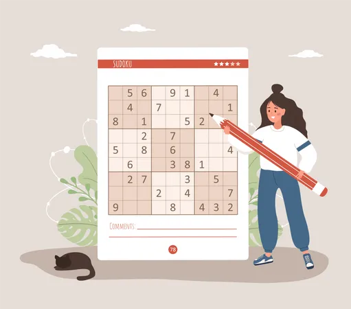 Femme jouant au jeu de Sudoku  Illustration