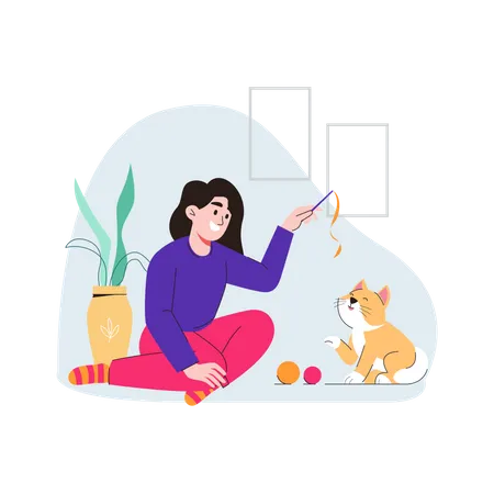 Femme jouant avec un chat  Illustration