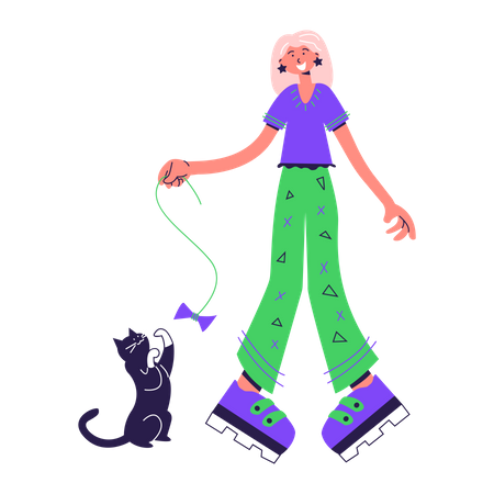 Femme jouant avec un chat  Illustration