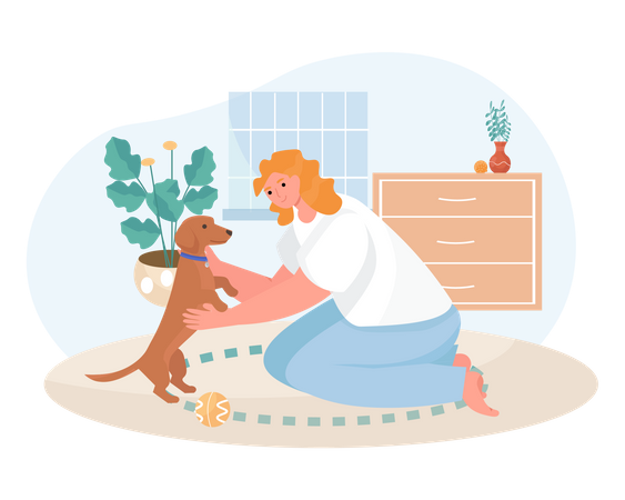 Femme jouant avec un chien à la maison  Illustration