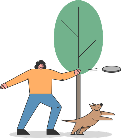 Femme jouant avec un chien en lançant un frisbee  Illustration