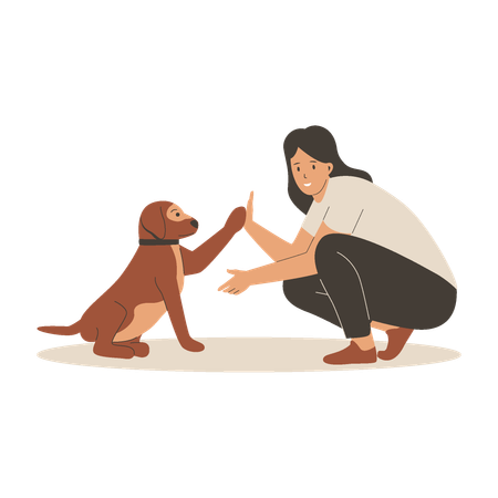 Femme jouant avec un chien mignon  Illustration