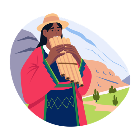 Femme jouant de la flûte andine flûte andine, quena, flûte de pan, instrument de musique, folklore  Illustration
