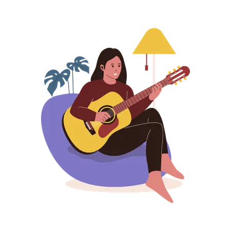 Femme jouant de la guitare sur le canapé  Illustration