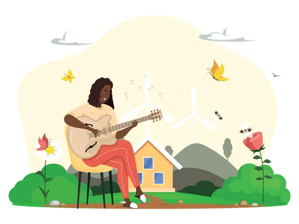 Femme jouant de la guitare et célébrant le jour de la terre  Illustration