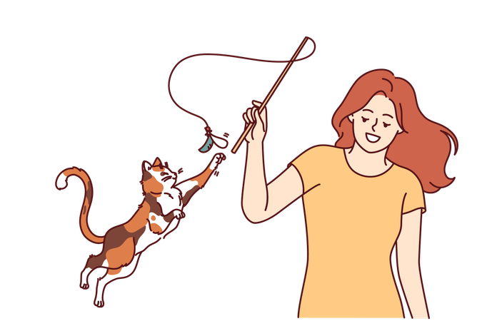 Une femme joue avec un chat et fait un arc sur une ficelle  Illustration