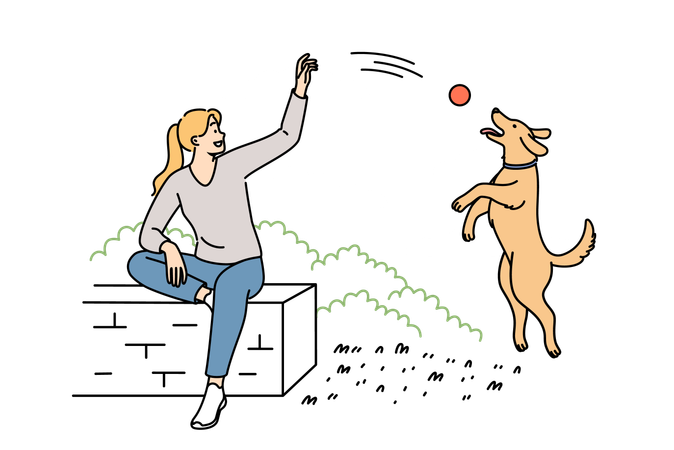 Une femme joue avec un chien dans un parc en lançant une balle à un chiot rebondissant et en profitant d'un temps ensoleillé parfait  Illustration