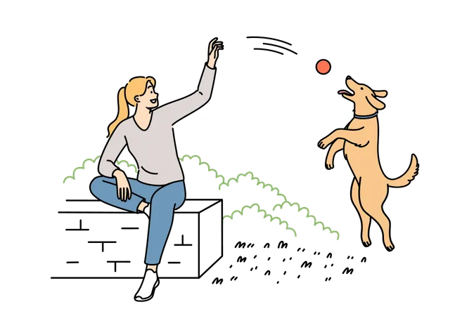 Une femme joue avec un chien dans un parc en lançant une balle à un chiot rebondissant et en profitant d'un temps ensoleillé parfait  Illustration