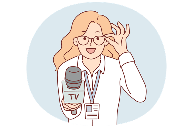 Une journaliste avec un microphone ajuste ses lunettes et interviewe un homme politique ou un dirigeant d'entreprise  Illustration