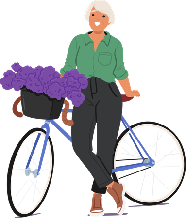 Femme joyeuse debout avec un vélo qui a un panier rempli de fleurs violettes  Illustration