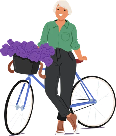 Femme joyeuse debout avec un vélo qui a un panier rempli de fleurs violettes  Illustration