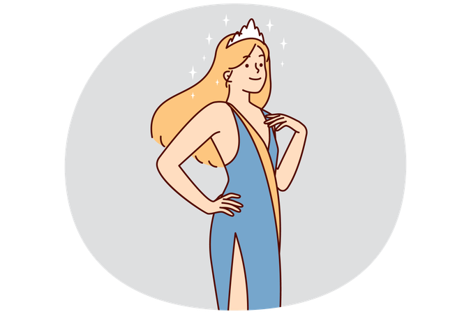 Femme joyeuse en robe de soirée avec une couronne sur les cheveux participant à un concours de beauté ou à un défilé de mode  Illustration