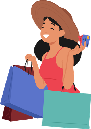 Une femme joyeuse portant un chapeau et une robe rouge tient plusieurs sacs de courses et cartes de crédit  Illustration