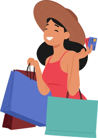 Une femme joyeuse portant un chapeau et une robe rouge tient plusieurs sacs de courses et cartes de crédit  Illustration