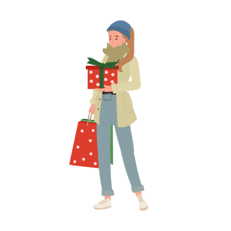 Femme joyeuse appréciant les achats de Noël avec boîte-cadeau  Illustration