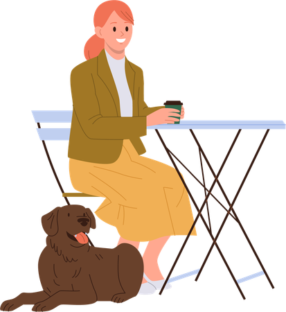 Femme souriante et heureuse avec un chien visitant un café de rue acceptant les animaux de compagnie  Illustration