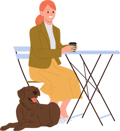 Femme souriante et heureuse avec un chien visitant un café de rue acceptant les animaux de compagnie  Illustration