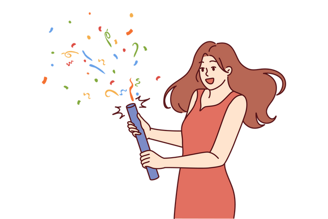 Une femme lance un pétard avec des confettis lors d'un anniversaire  Illustration