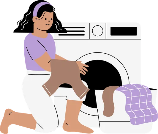 Femme lavant du linge dans la maison  Illustration