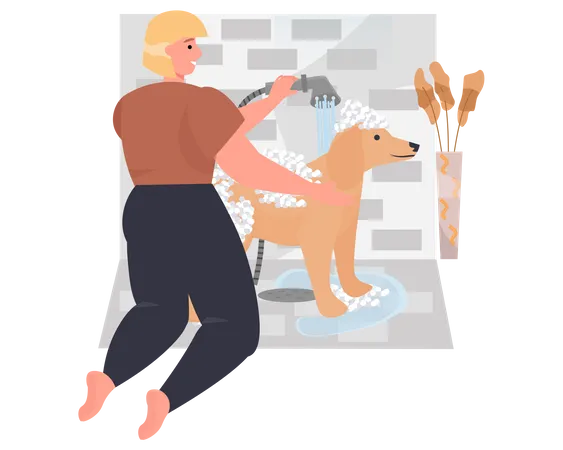 Femme lavant son chien dans la salle de bain  Illustration